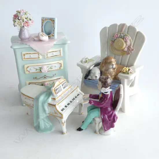 CHINA CHEST OF DRAWERS H180mm, BELLAWARE DOGS ON CHAIR, GERMAN PIANO PLAYER fingers AF