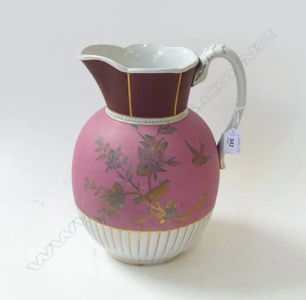 EDWARDIAN WATER JUG PINK SWALLOW PAT H300MM Image 1++