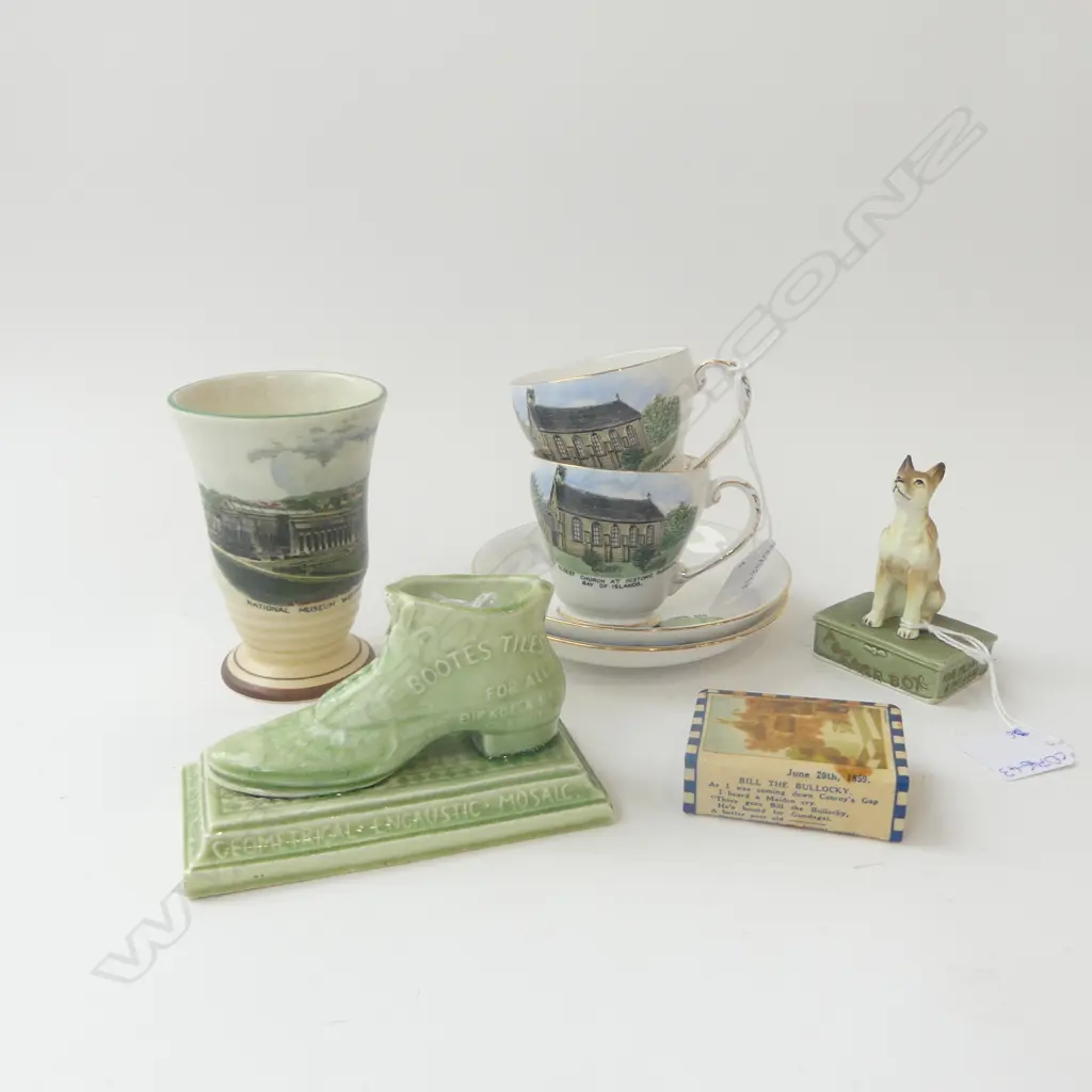 BOOTE'S TILES ADVERTISING, W TUCKERBOX WARE, 2 ROYAL GRAFTON N.Z. C/S & WELLINTON NATIONAL MUSEUM CUP H.100mm Image 1++