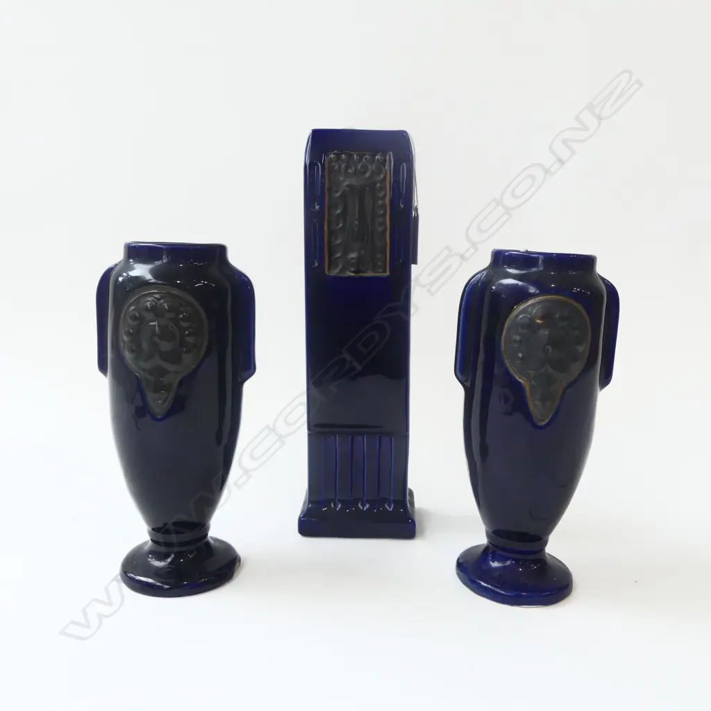 3 BLUE GLAZE ART NOUVEAU VASES H.255mm Image 1++