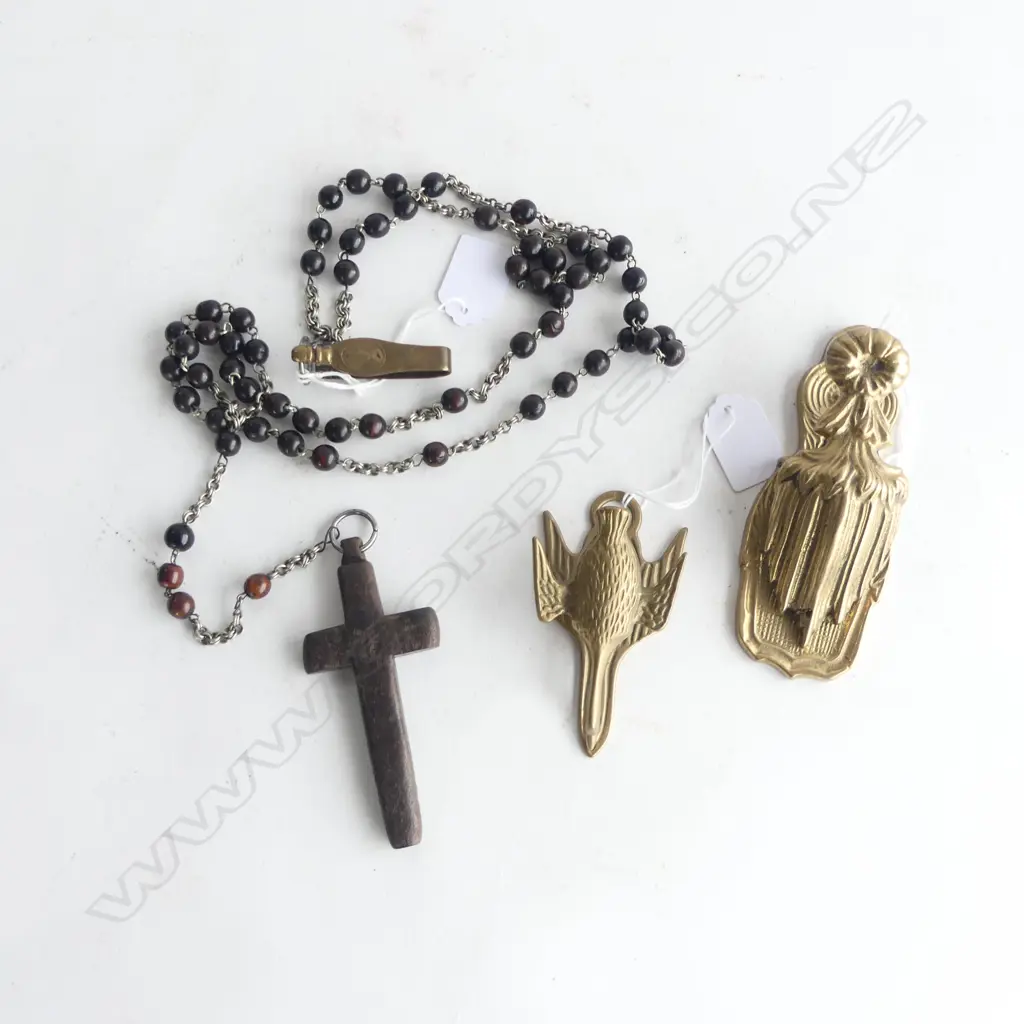 2 LRG BRASS HANGING PEGS & VINTAGE LONG ROSARY BEADS w WOODEN CROSS & BRASS HOOK to hang from the waist L.960mm Image 1++