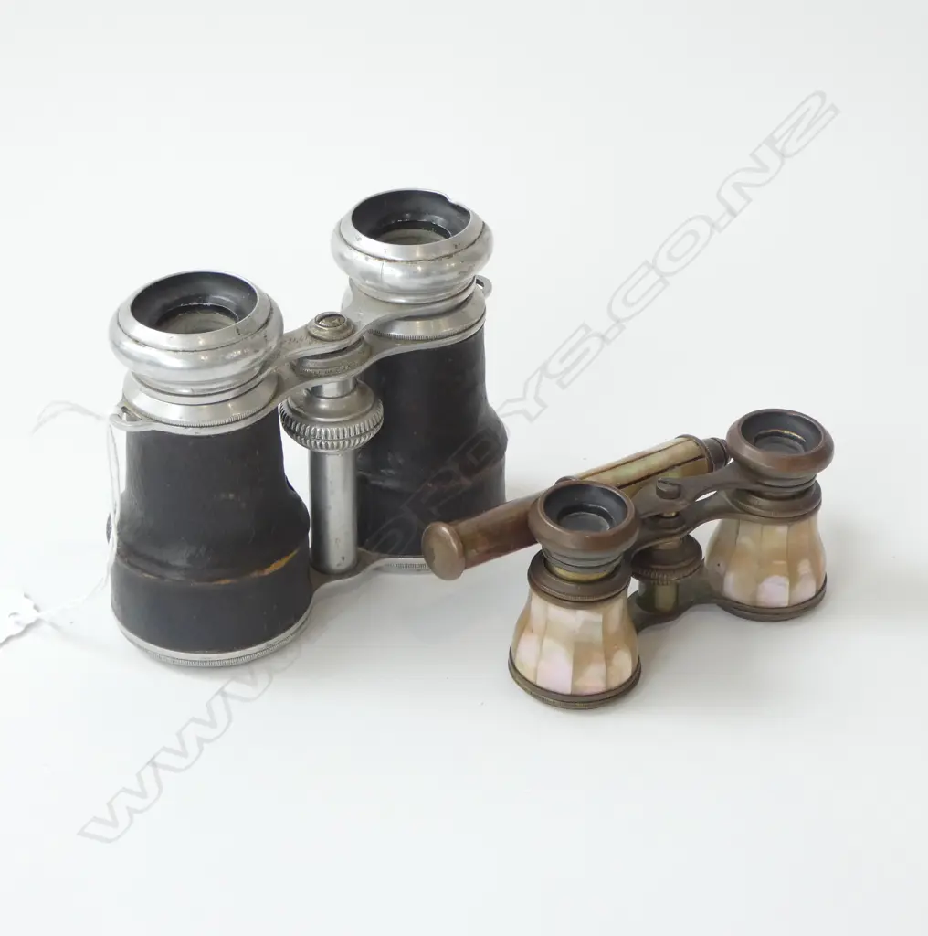 2 PAIRS FRENCH OPERA GLASSES MOTHER OF PEARL & ALUMINUM / LEATHER  Image 1++