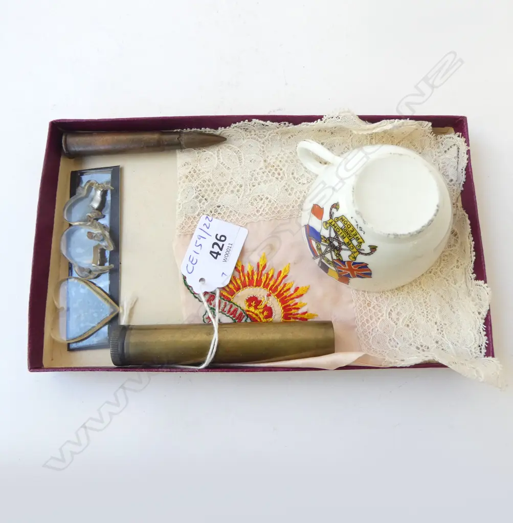 WWI MILITARY SILK HANKY, BRASS OILER (ARROW STAMP), BULLET, ALLIES CUP, KIWIS & HEART Image 1++