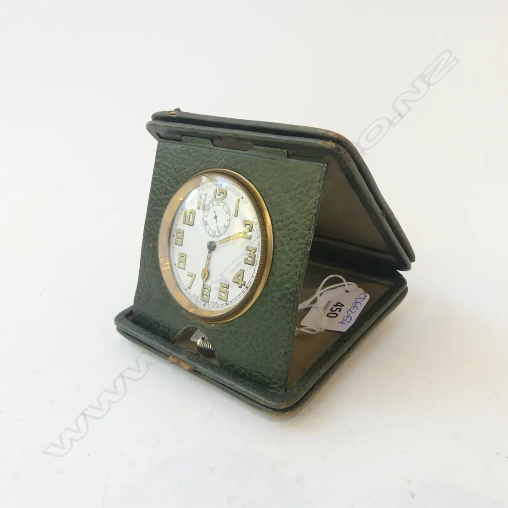 LEATHER CASED SWISS TRAVEL CLOCK; In working condition Image 1++