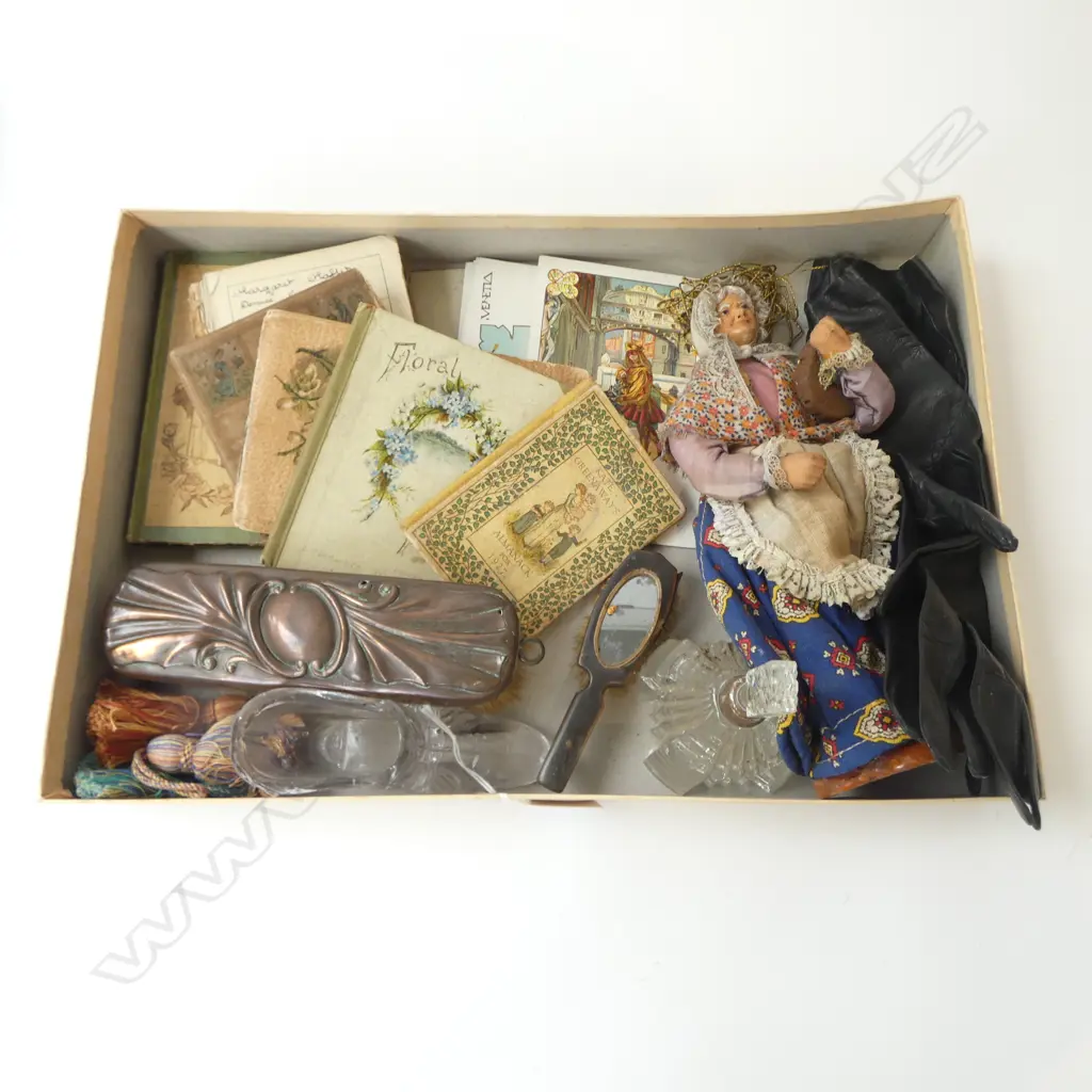 PERFUME BOTTLE, BOOKS, FRENCH DOLL, LEATHER GLOVES, CLOTHES BRUSH ETC Image 1++