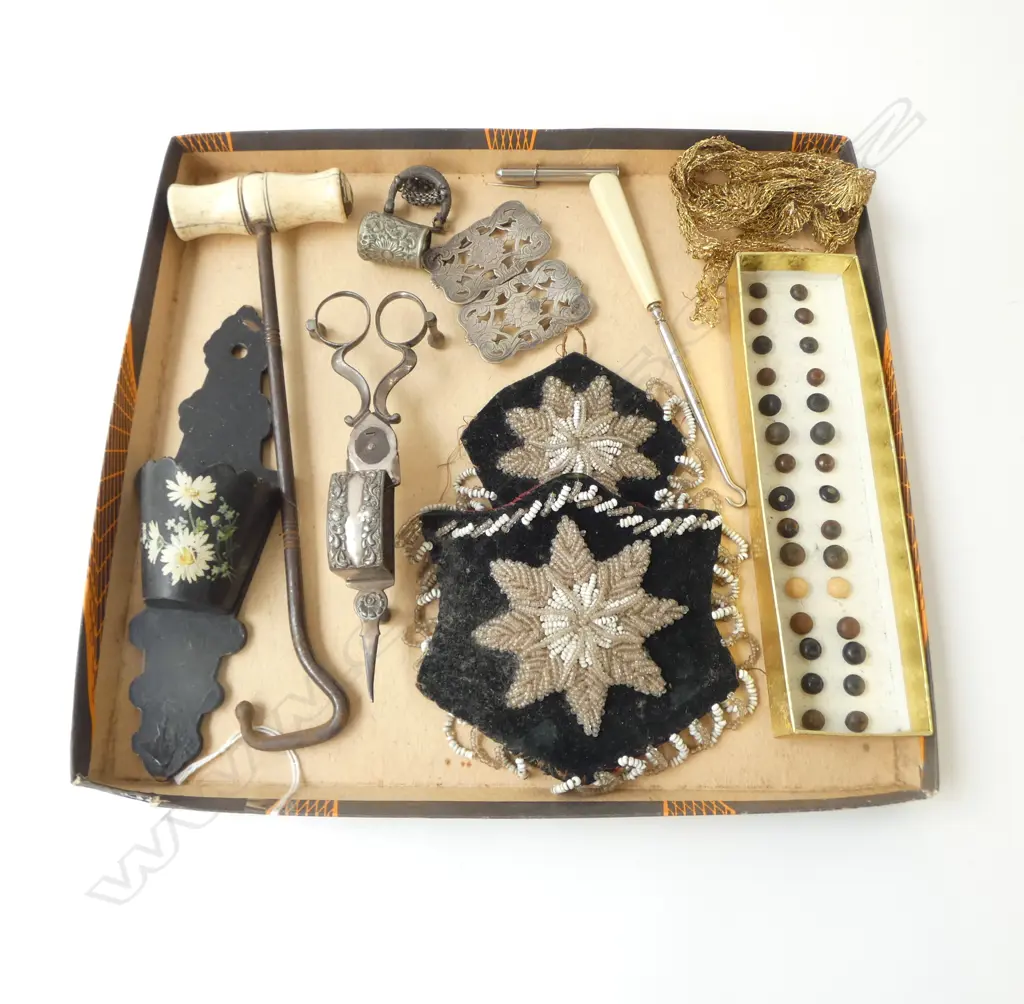VICT. BONE BOOT HOOK, CANDLE SNUFFER, BUTTONS, BELT BUCKLE, MATCH HOLDER ETC Image 1++