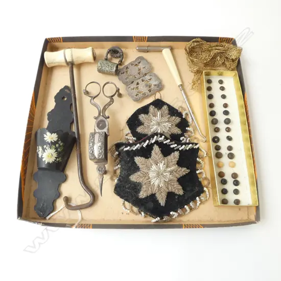 VICT. BONE BOOT HOOK, CANDLE SNUFFER, BUTTONS, BELT BUCKLE, MATCH HOLDER ETC