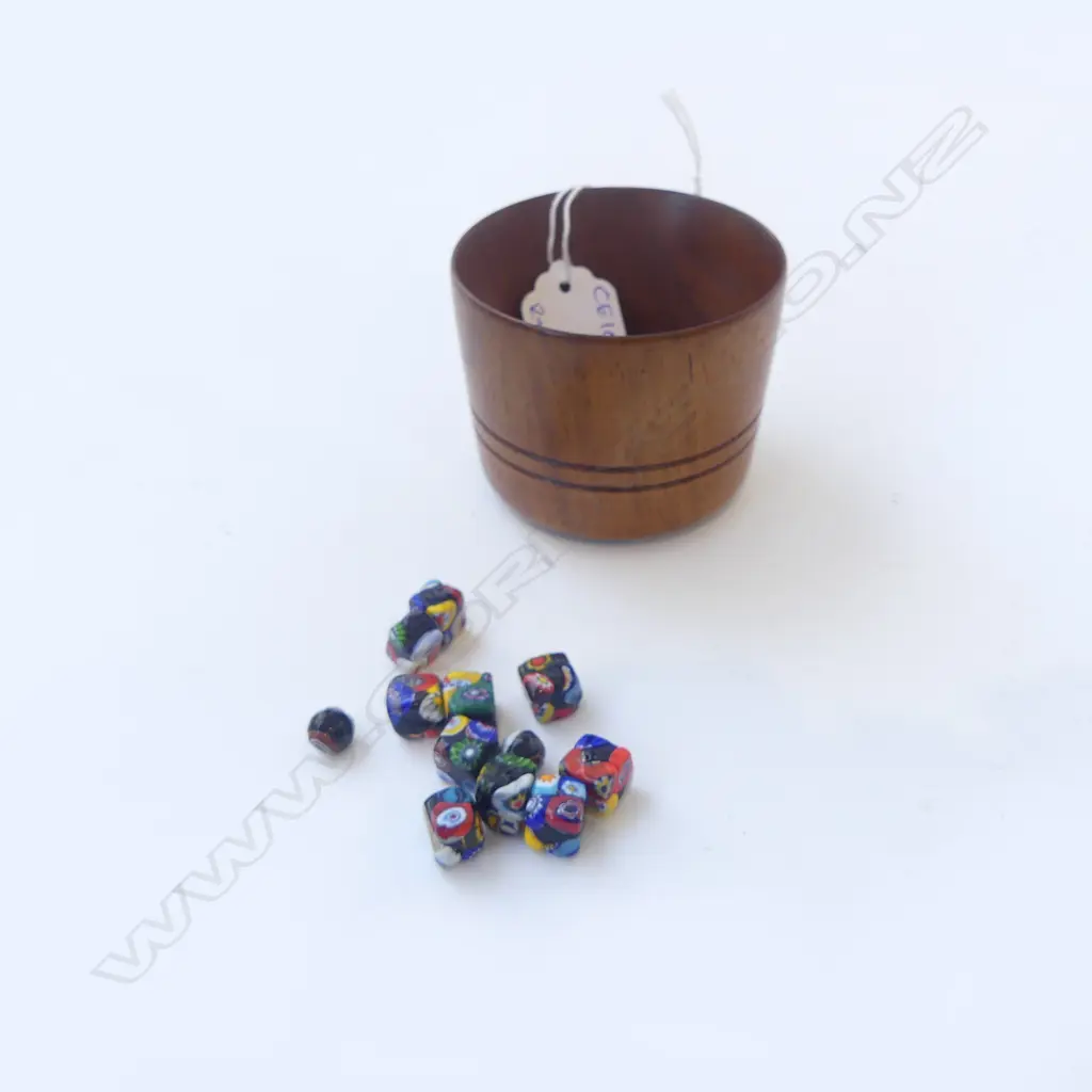 12 MURANO GLASS BEADS IN A  N.Z. TURNED WOOD BOWL H.55mm Image 1++