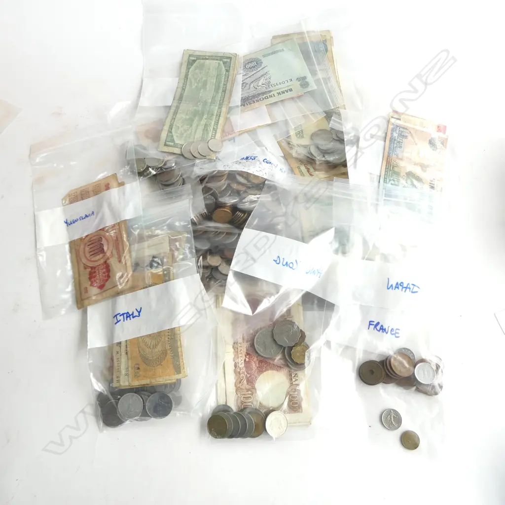 COLLECTION OF ASST. WORLD COINS & BANK NOTES; Incl SPAIN, FRANCE, ITALY, IRAN, etc Image 1++