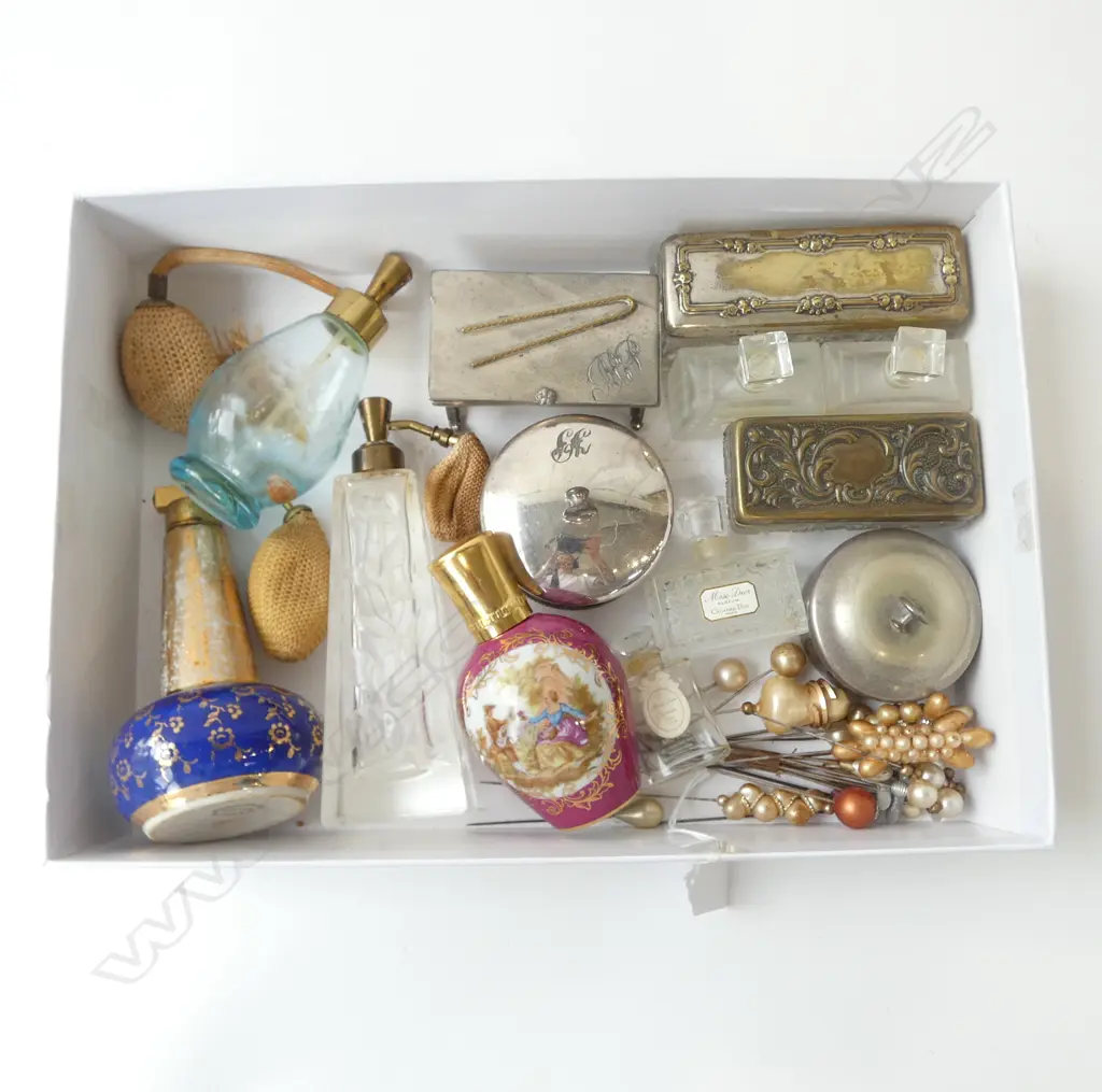 VINTAGE PERFUME BOTTLES, TRINKET BOXES, & HATPINS Image 1++