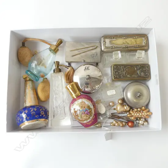 VINTAGE PERFUME BOTTLES, TRINKET BOXES, & HATPINS