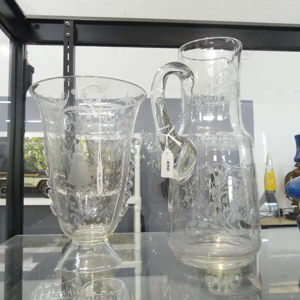 2 PCS VICT ACID ETCHED GLASS JUG H305MM & VASE H240MM Image 1++