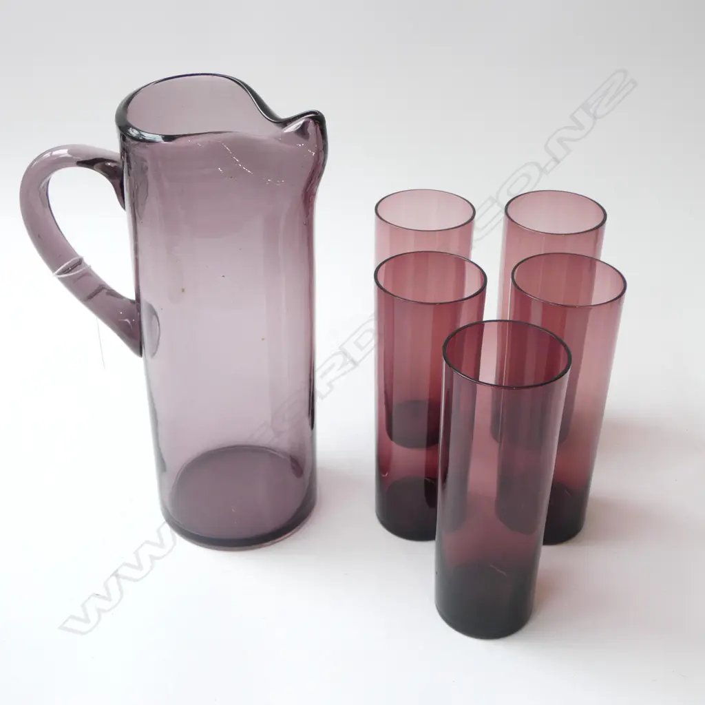 AMETHYST RETRO GLASS WATER SET JUG H250 & 5 GLASSES H160MM Image 1++