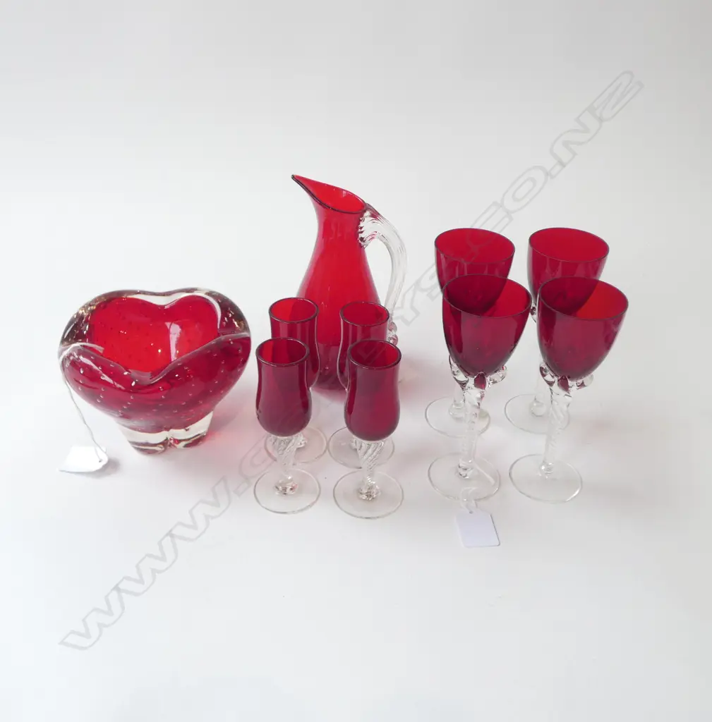 10 PCS CONTINENTAL RUBY GLASS 4 + 4 GLASSES H120 & 1150MM JUG H170 & BOWL DIA 130MM Image 1++