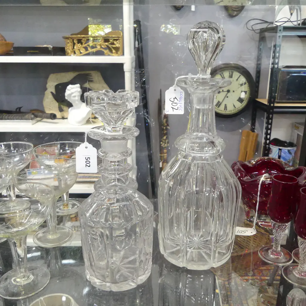 2 GEORGIAN CUT GLASS DECANTERS H300 & 230MM Image 1++