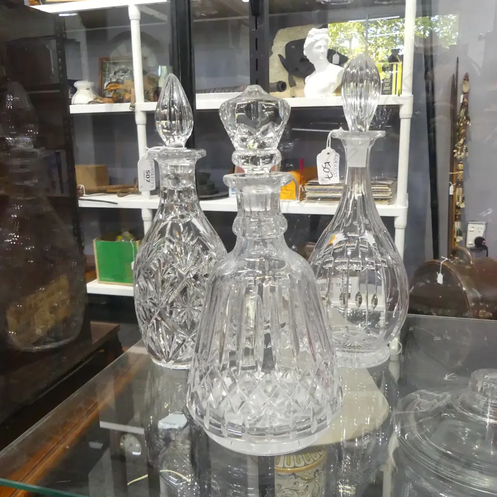 3 DIFFERENT CUT CRYSTAL DECANTERS H310 TALLEST Image 1++