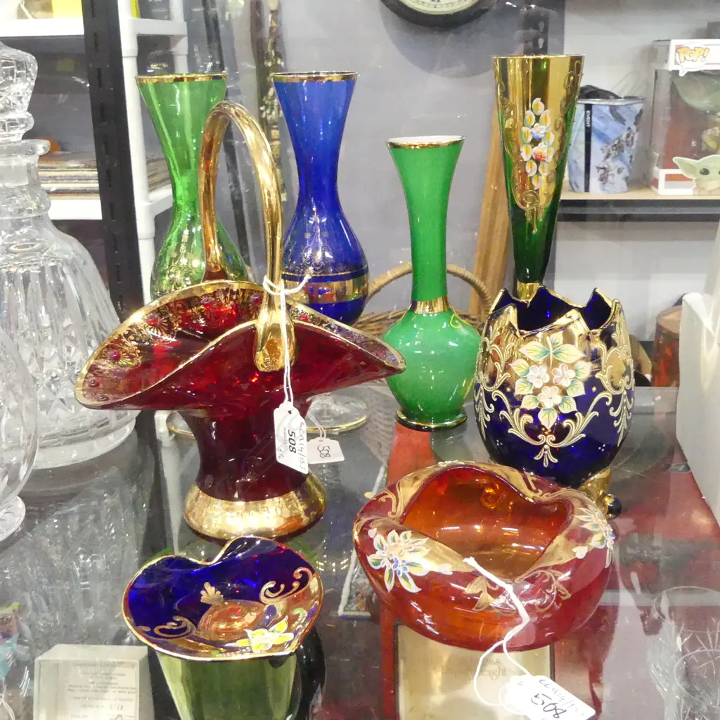 COLLECTION OF 8 ITALIAN COLOURED GLASS PCS VASES BASKET H250 ETC Image 1++