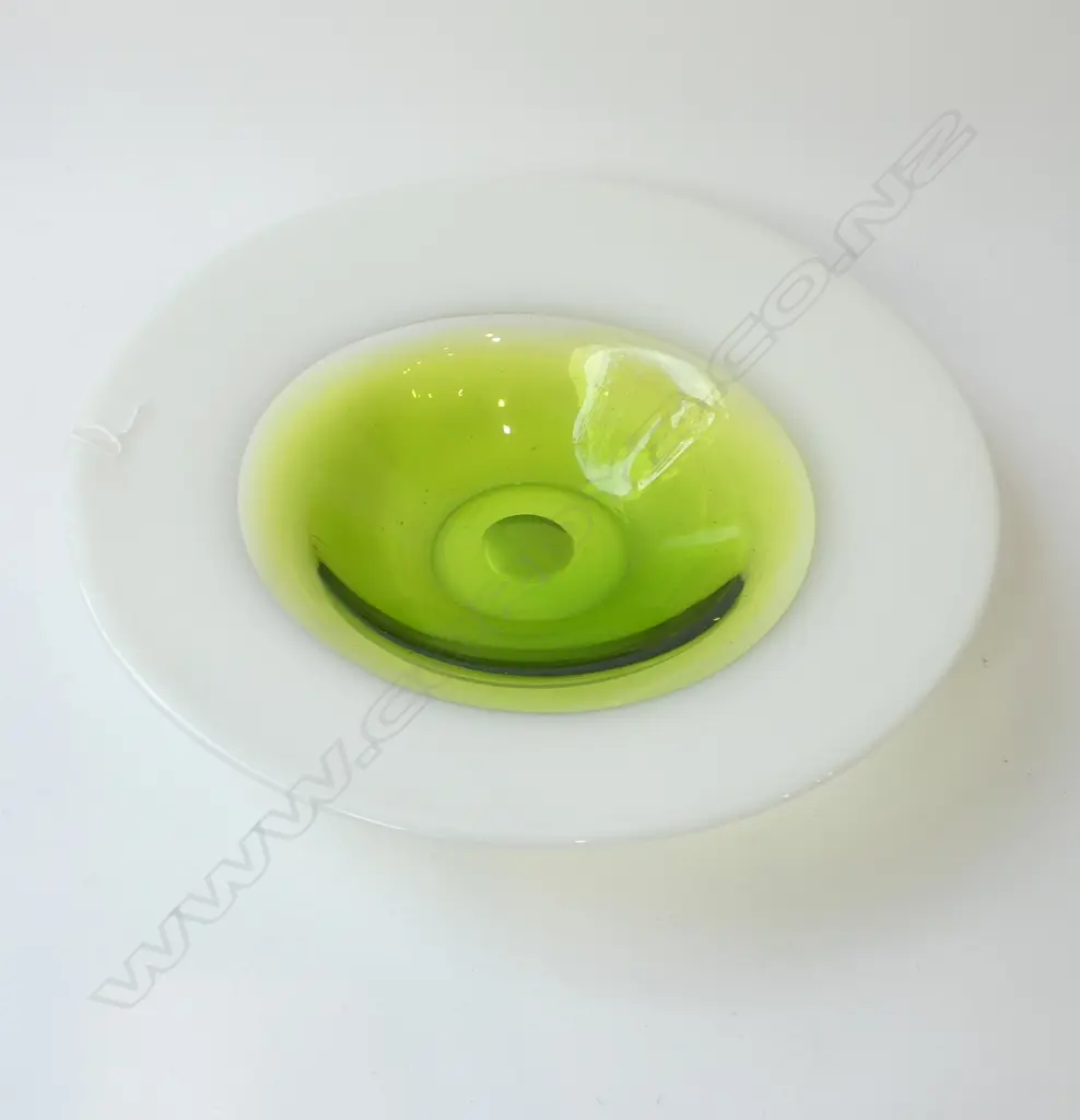GREEN & WHITE ART GLASS BOWL 400mm dia Image 1++