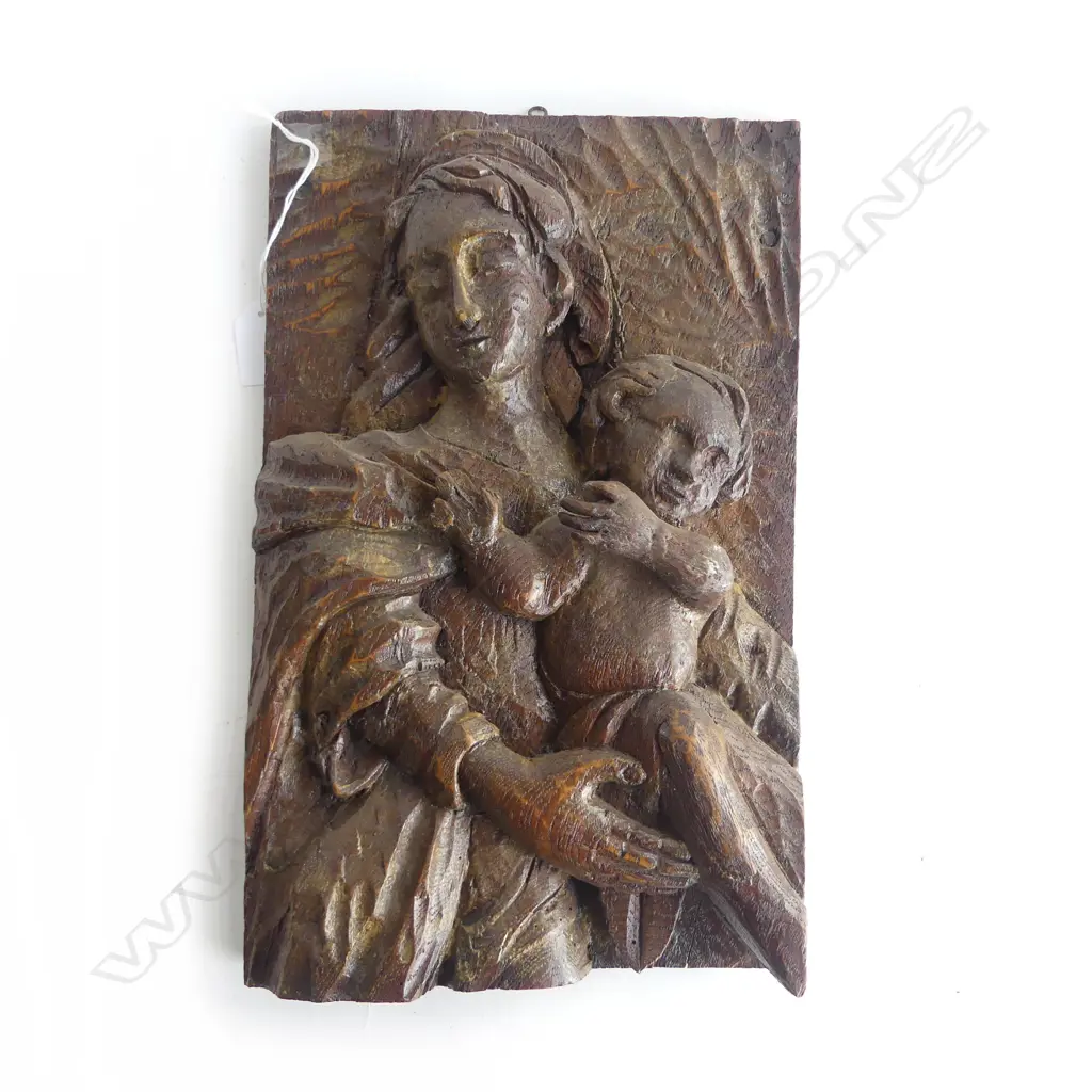 VINTAGE CONT OAK WOOD PANEL MADDONA & CHILD H370MM Image 1++