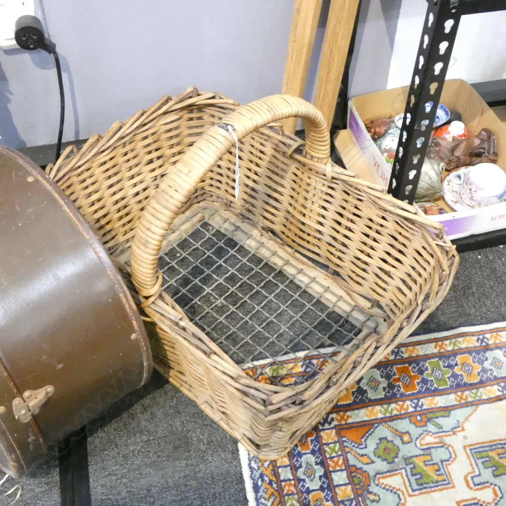 EARLY 20thC WOVEN CANE BASKET w WIRE MESH BASE L.570mm Image 1++