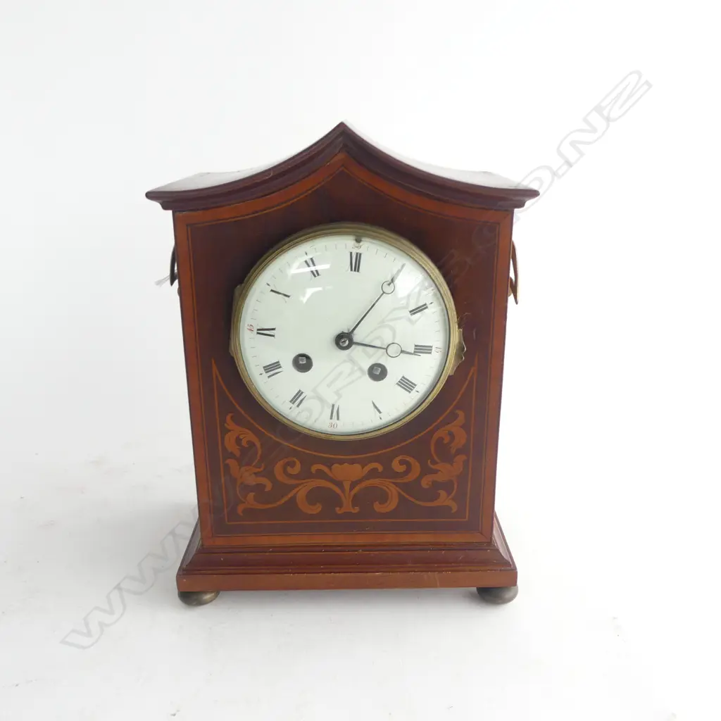 OLD WOODEN EDWARDIAN MANTLE CLOCK WITH INLAY & PAGODA TOP H.260mm  Image 1++