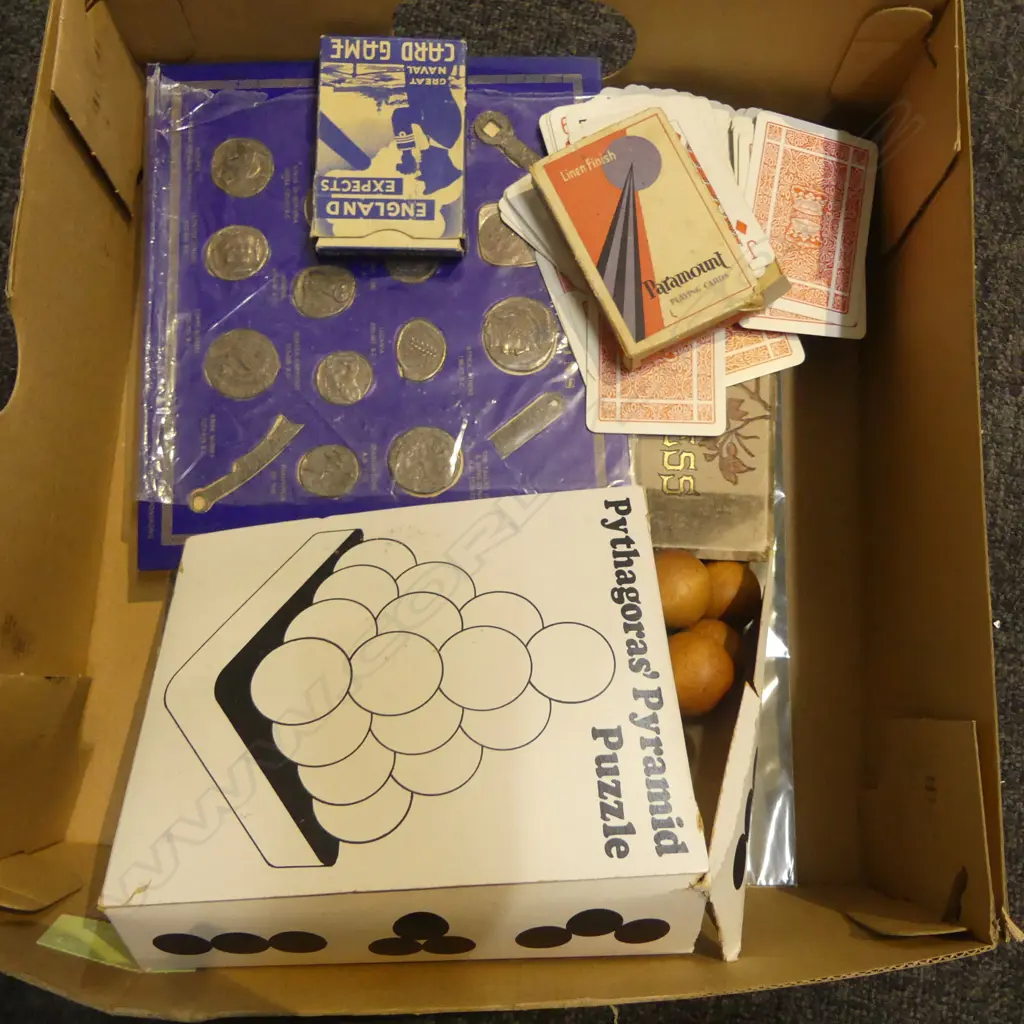 2 VINTAGE CARD GAMES, PYRAMID PUZZLE, ANCIENT COIN REPLICAS, 2 PRINTS & VINTAGE BOOK Image 1++
