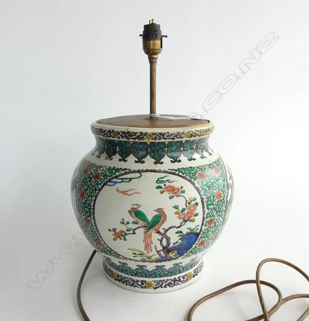 CHINESE HAND PAINTED  TABLE LAMP, BASE ONLY, REPAIRS H.390mm Image 1++