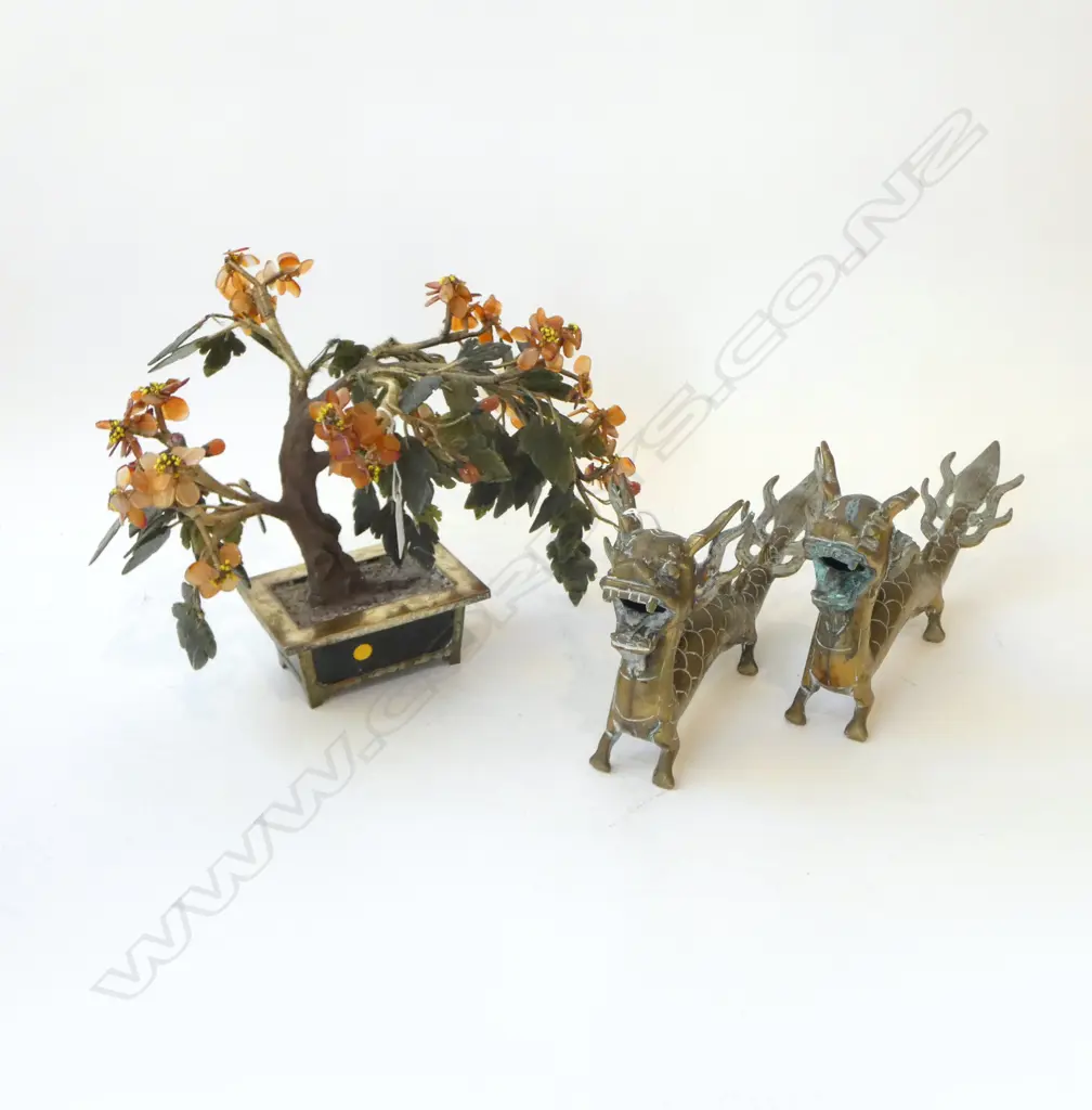 PR BRASS CHINESE DRAGONS L.300mm (FAULT) + JADE BONSAI TREE Image 1++