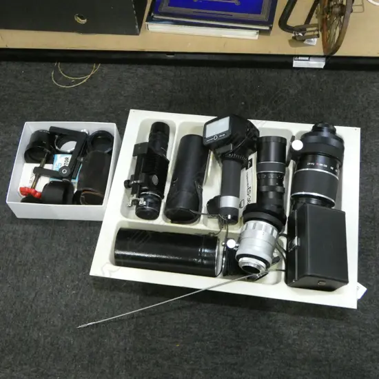 COLLECTION OF CAMERA LENSES FLASHES MOUNTS ETC