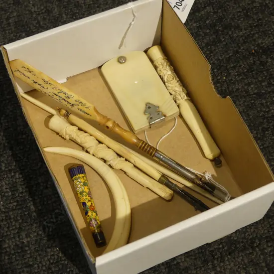 SMALL TRAY OF IVORY CIG HOLDERS DANCE CARD HOLDER PENS ETC