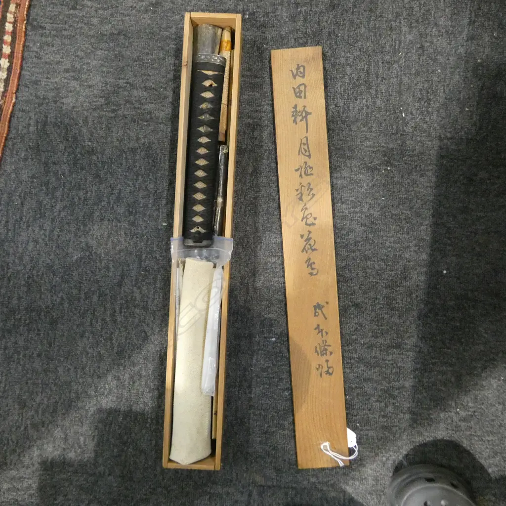 SMALL JAPANESE BOX L580MM CONTAINING KATANA HANDLE PARTS SHAGRINE ETC Image 1++