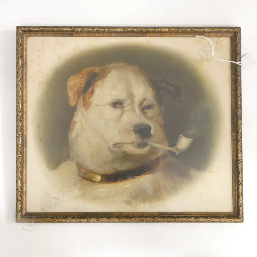 ANTIQUE PEARS PRINT OF DOG SMOKING A PIPE Image 1++