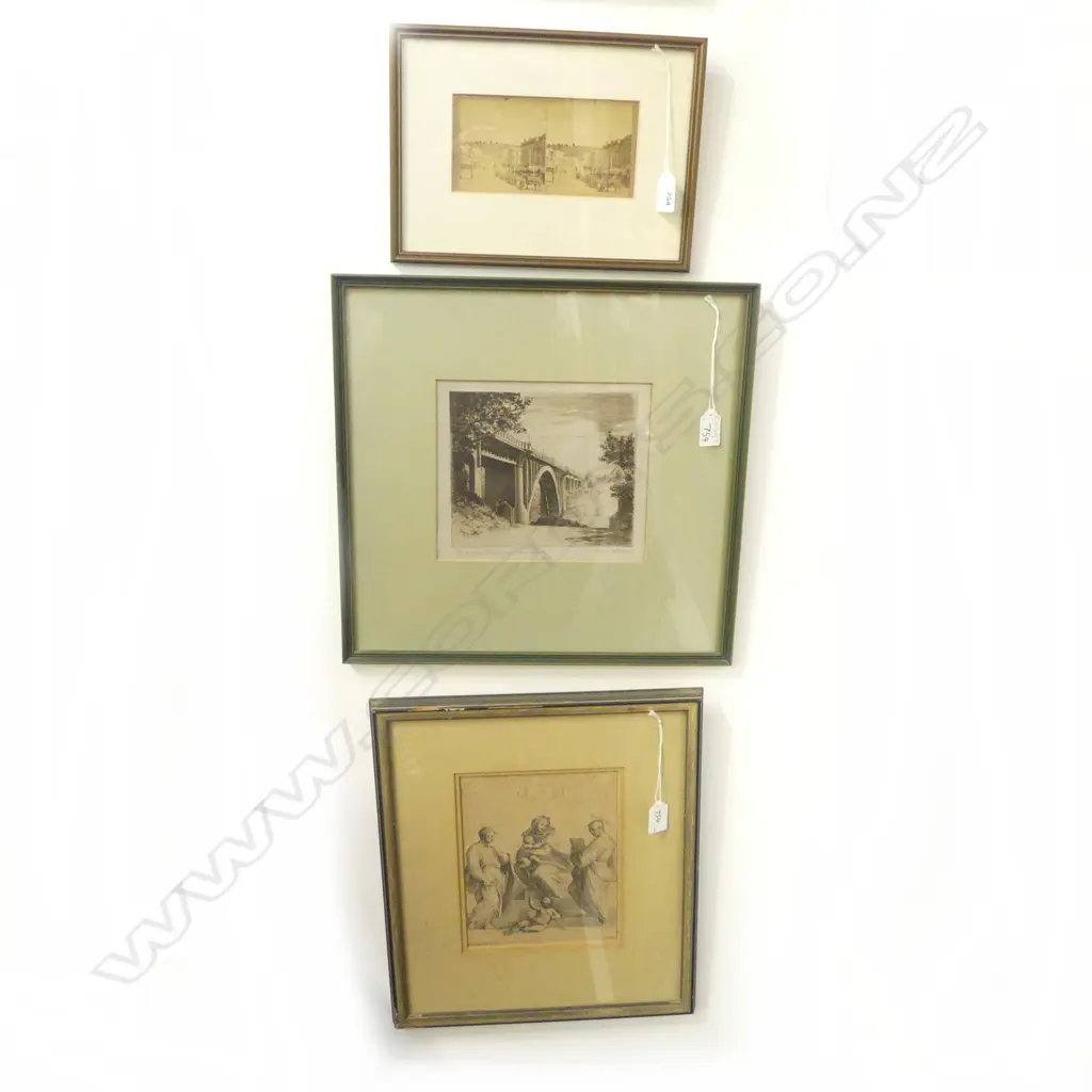 BURTON BROS AUCKLAND PHOTO 85x170mm + 2 ETCHINGS; M. MATTHEWS (1889-1945) GRAFTON BRIDGE 155x180mm, RELIGIOUS 215x165mm Image 1++