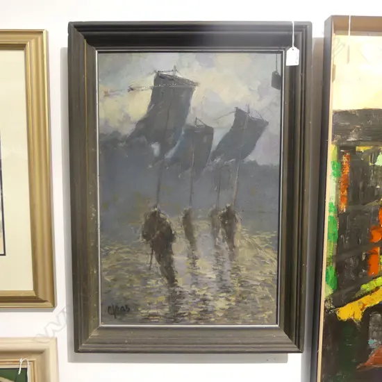 Yuri Skandakov (1932-2007) Ukrainian 'People with Banners' oil on board. Signed & dated '95. Entitled verso 590 x 385mm