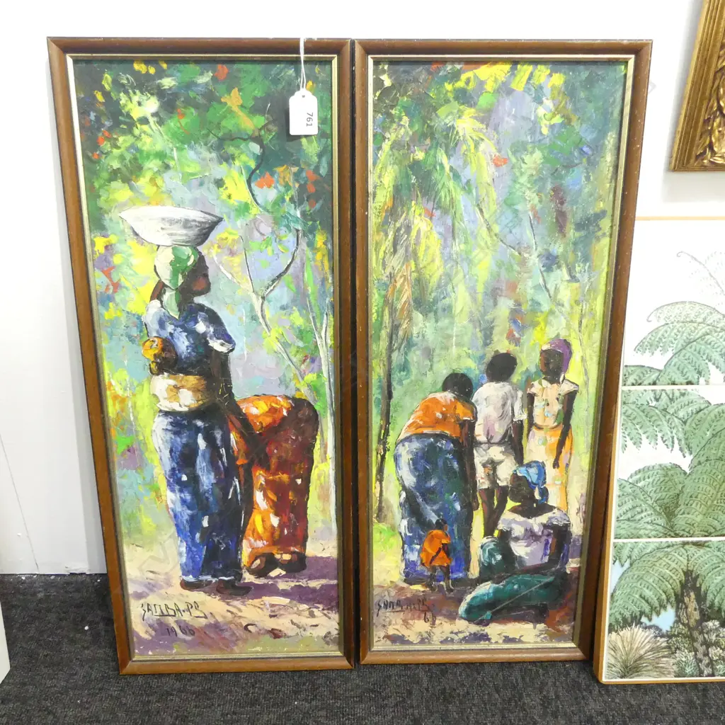 PR OIL PAINTINGS 1966 by Philippe Samba b.1931. women figure studies in colourful bush setting 580 x 210mm Image 1++