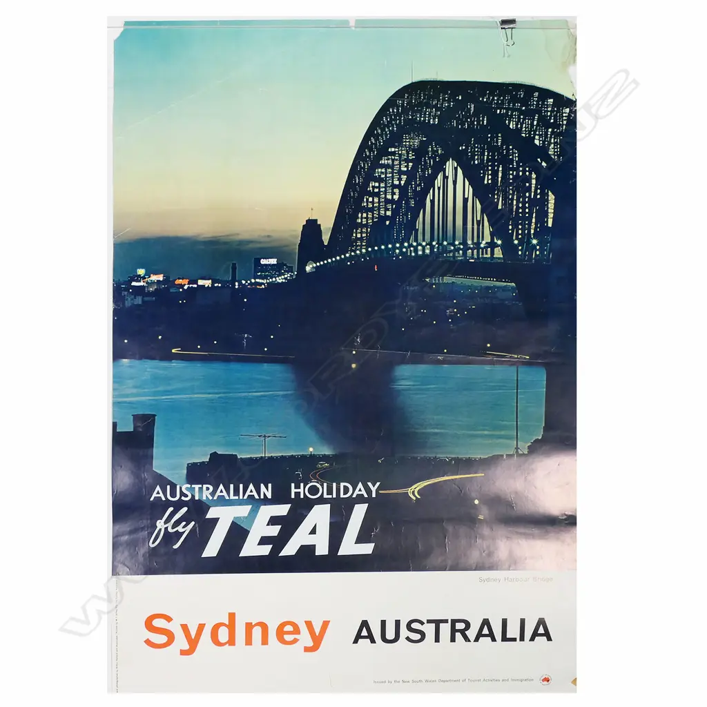 VINTAGE POSTER 'AUSTRALIAN HOLIDAY fly TEAL. Sydney Harbour Bridge' NSW Tourist Dept. 950 x 610mm c.1960's ? Image 1++