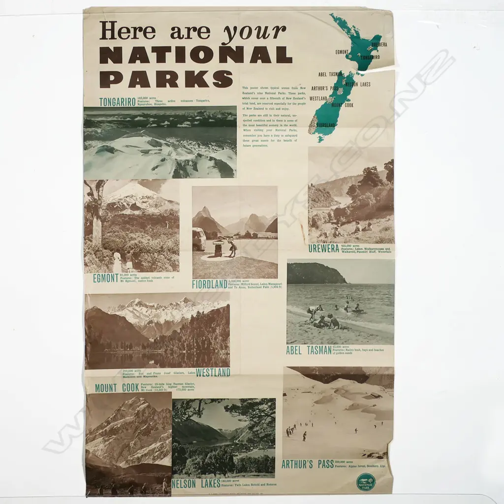 VINTAGE POSTER 'Here are your NATIONAL PARKS...' BY R.E. Owen Government Printer Wellington NZ 1962. 950 x 600mm Image 1++