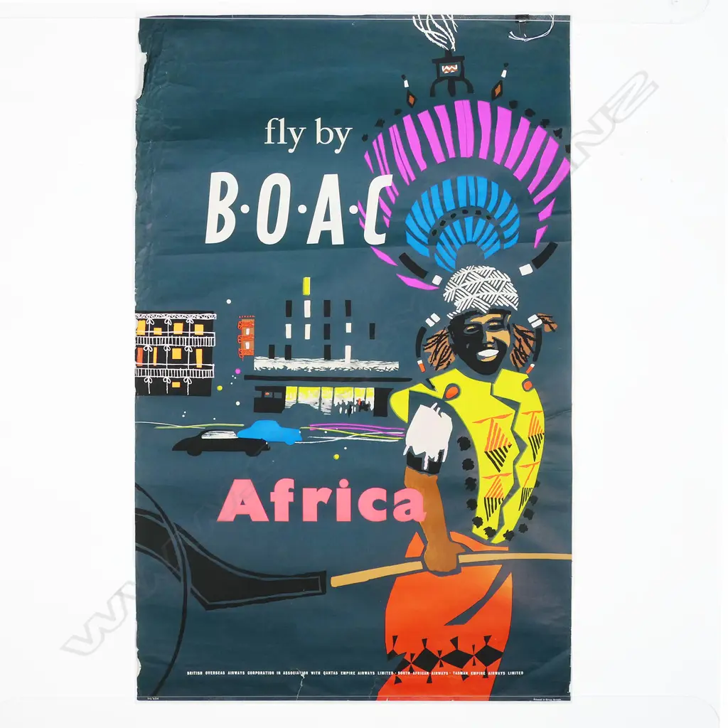 VINTAGE POSTER 'fly by B.O.A.C Africa' 'Printed in Great Britain' 1000 x 630mm. by Dick Negus & Philip Sharland c.1954 Image 1++