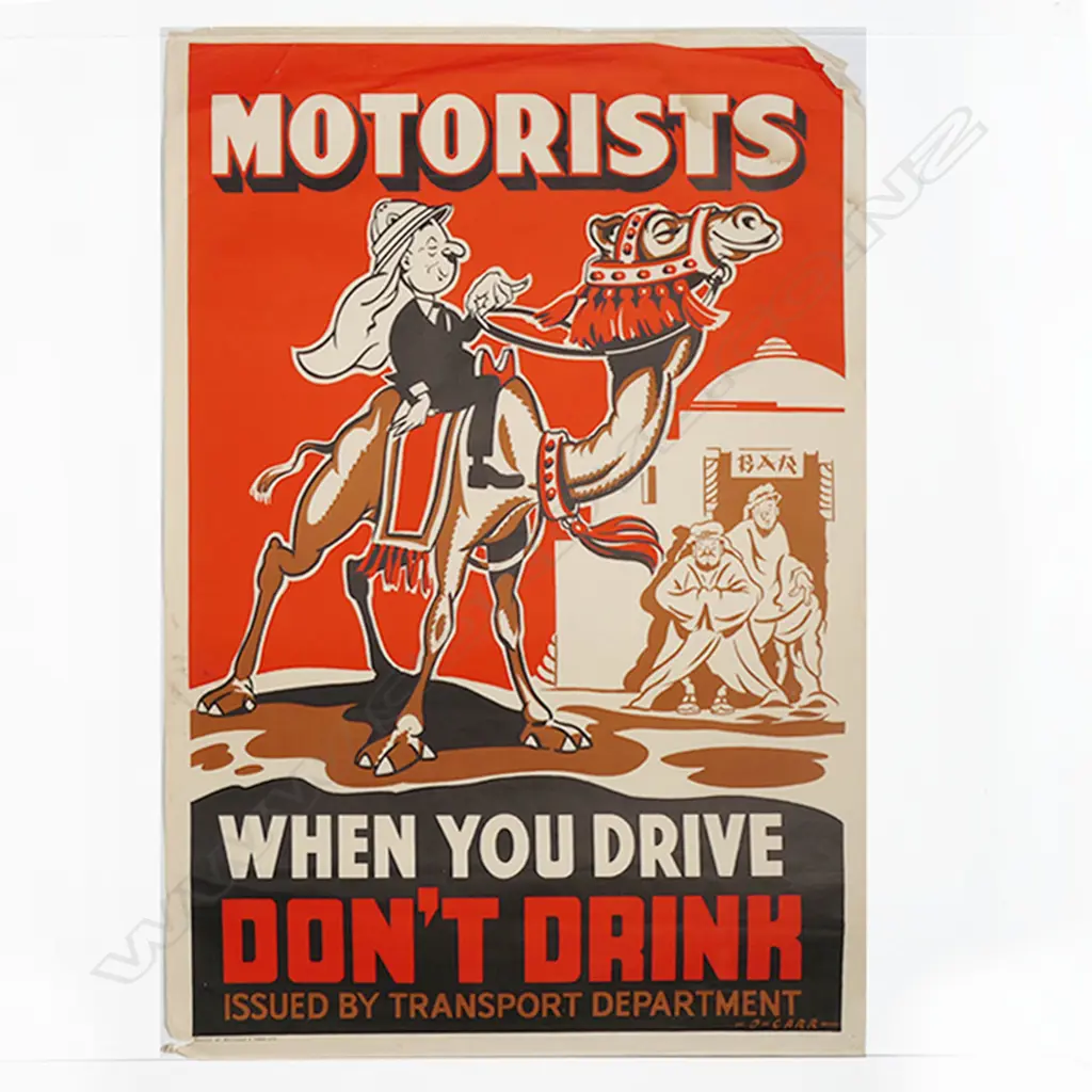 VINTAGE POSTER 'MOTORISTS! When You Drive Don't Drink Issued by Transport Department' BY D. Carr 755 x 505m Image 1++