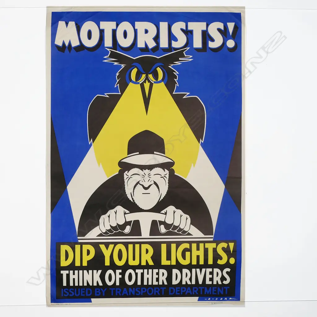 VINTAGE POSTER 'MOTORISTS! DIP YOUR LIGHTS! THINK OF OTHER DRIVERS Issued by Transport Department' BY D. Carr 750 x 490m Image 1++