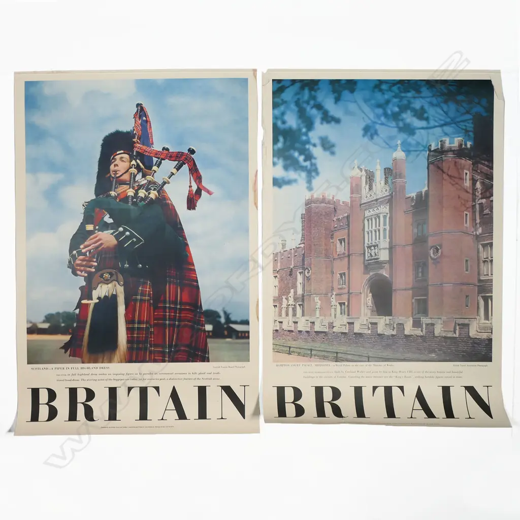 2 BRITISH VINTAGE TRAVEL POSTERS: 'BRITAIN Hampton Court Palace' + 'BRITIAN Scotland piper' 760 x 510mm Image 1++