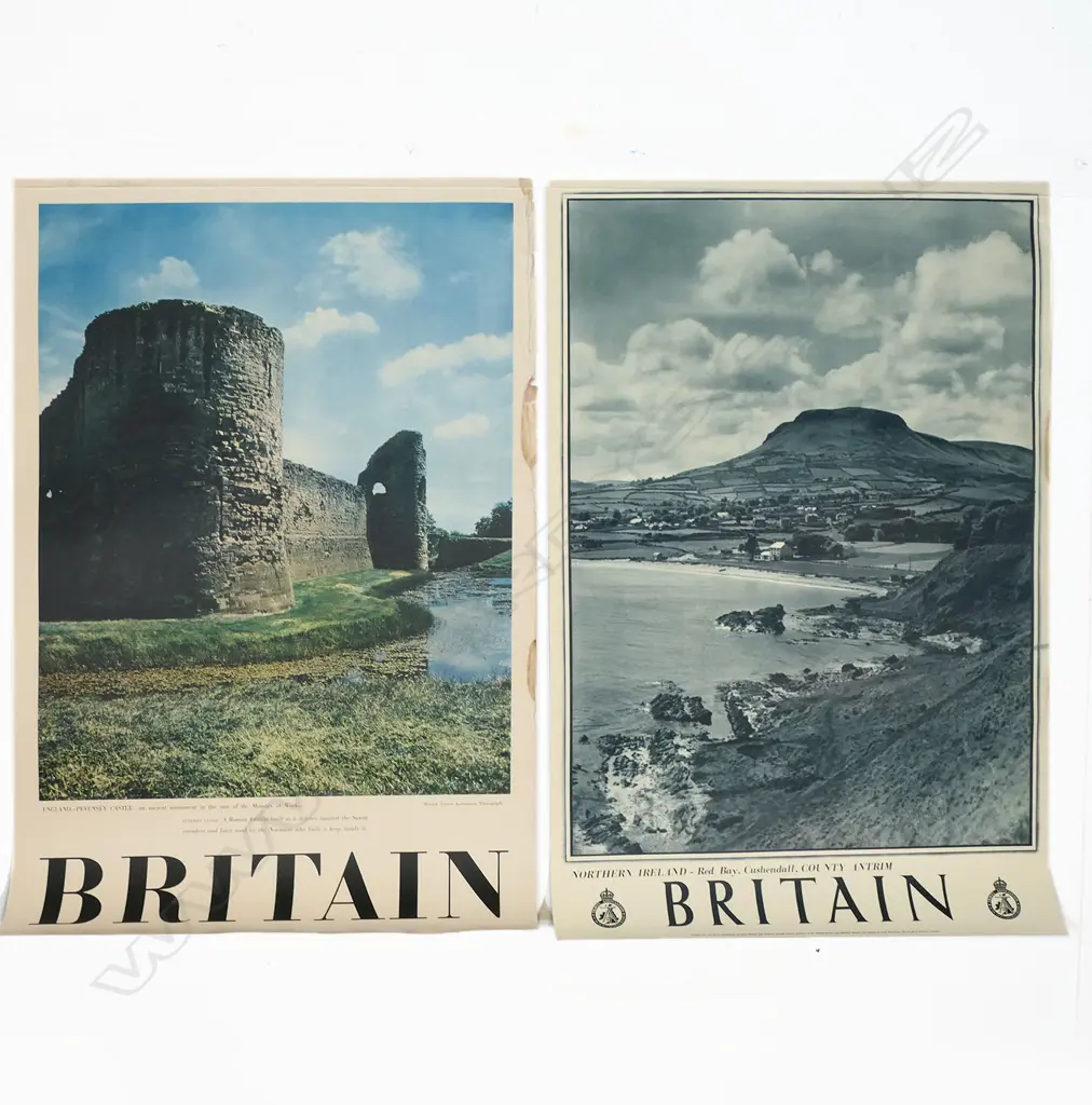 2 BRITISH VINTAGE TRAVEL POSTERS: 'BRITAIN England Pevensey Castle + 'BRITIAN Northern Ireland' 760 x 510mm Image 1++