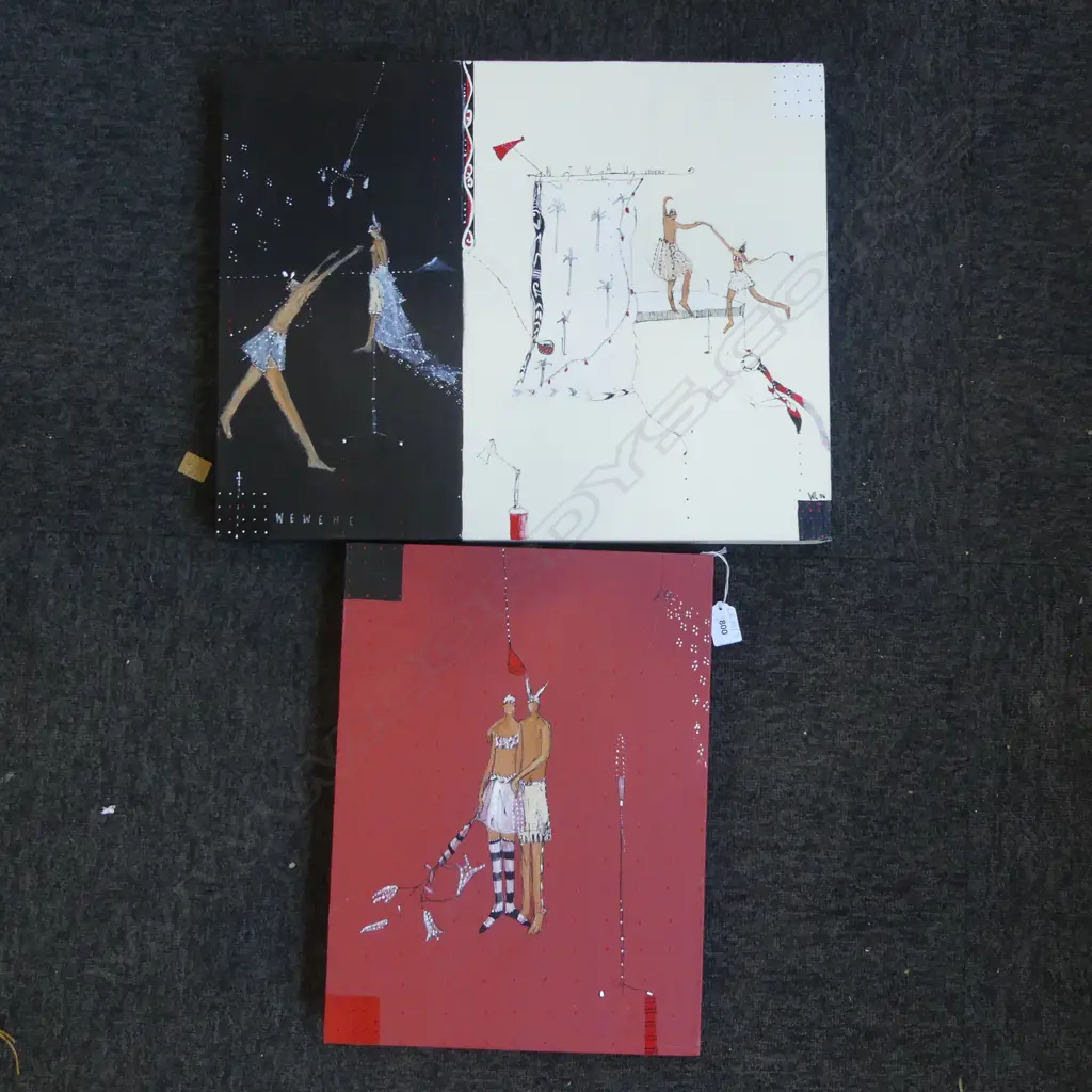 2 WENDY LINEHAM 'WEWEHE LOVESTRUCK I & II' ACRYLIC ON BOARD '04 405x305 / 410x510mm Image 1++