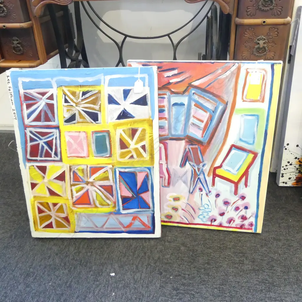 LEE FELTHAM, "I WANT A LIFE" & "QUILT", ACRYLIC ON CANVAS x 2, SIGNED 2017 & 2016, 400 X 500MM provenance below Image 1++