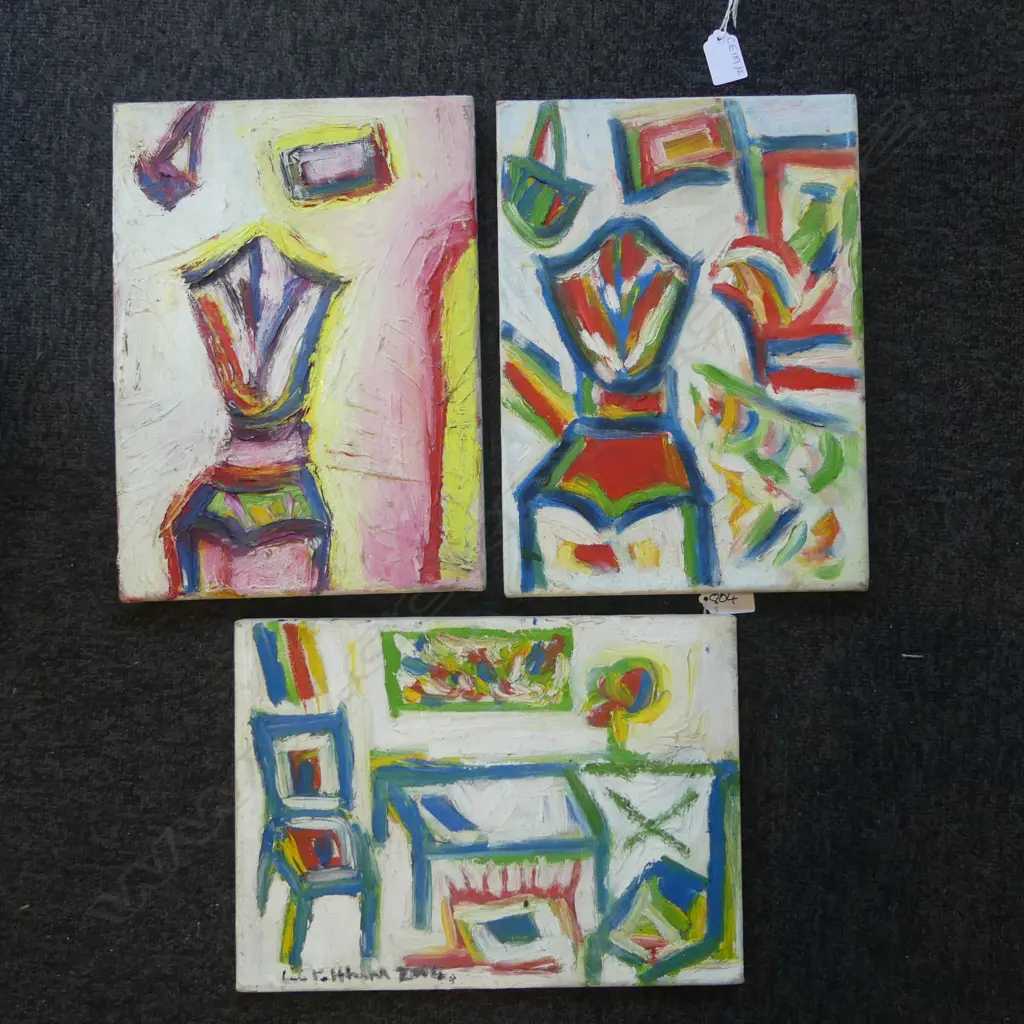 LEE FELTHAM, INTERIOR, ACRYLIC ON CANVAS x 3, SIGNED 2006, 240 X 330MM provenance below Image 1++