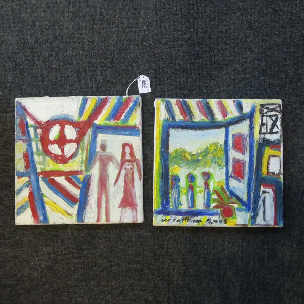 LEE FELTHAM, PEOPLE, ACRYLIC ON CANVAS x 2, SIGNED 2005, 250 X 250MM provenance below Image 1++