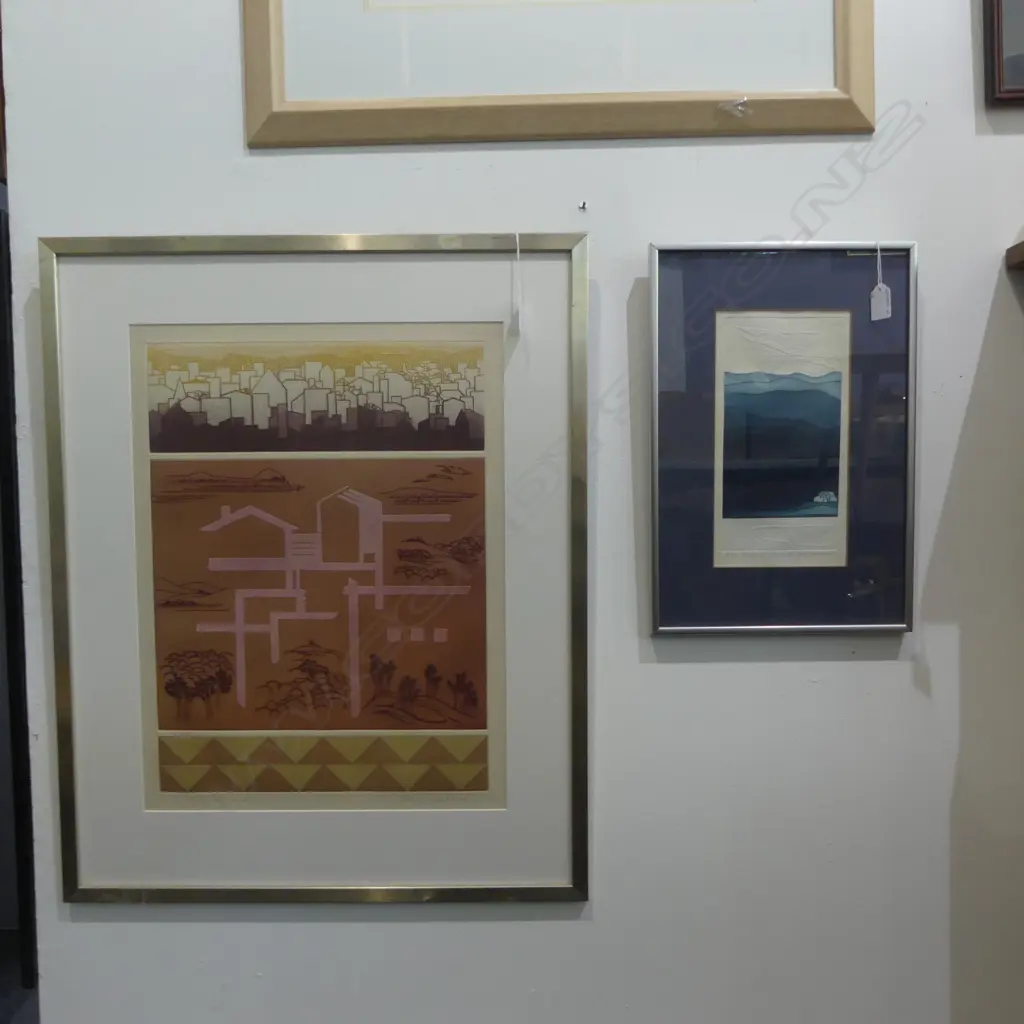 TWO SHIRLEY MARKHAM FRAMED ETCHINGS; 'CITY SERIES 1' 12/50, H.500 x 350mm & 'WOOLSHED' 5/20, H.125 x 245mm Image 1++
