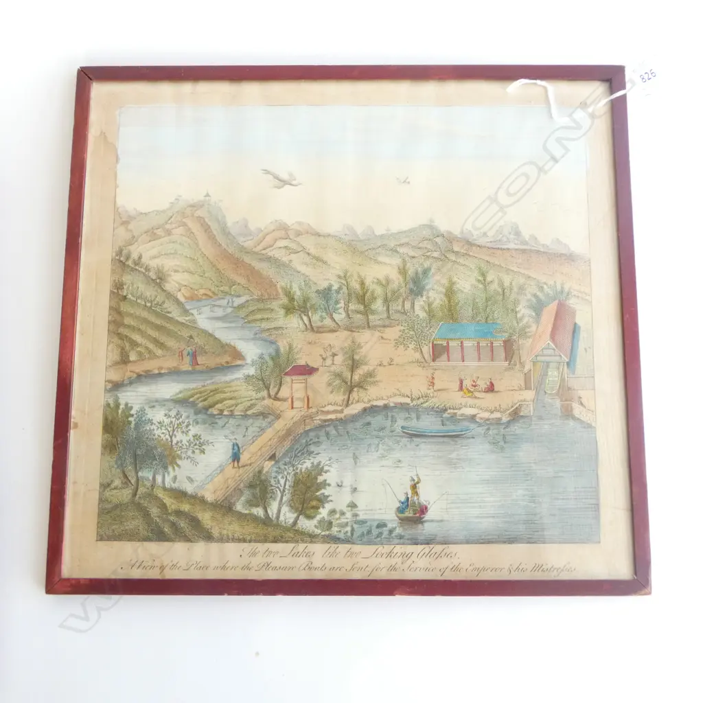 2 C1770 CHINESE ENGRAVINGS hand coloured Emperor's & Concubines houses 270 290mm framed under glass Image 1++
