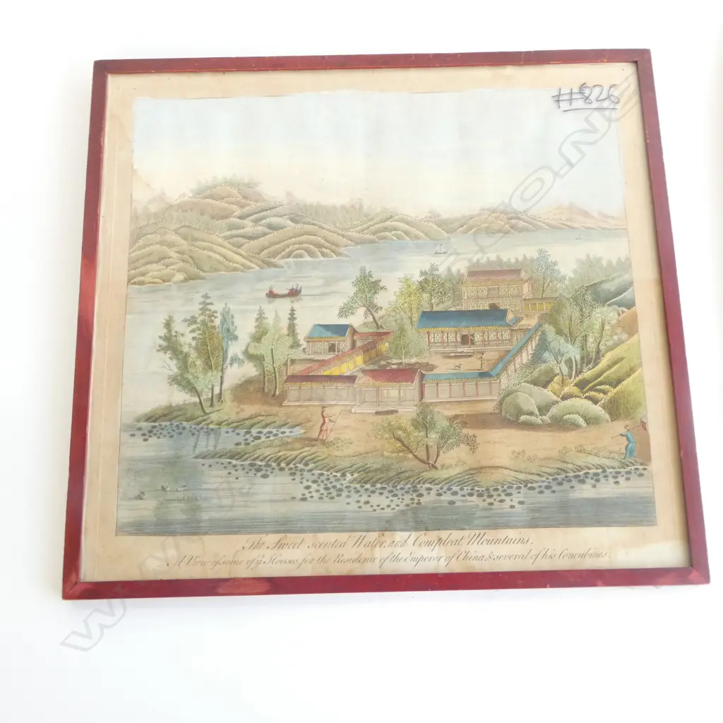 2 C1770 CHINESE ENGRAVINGS hand coloured Emperor's & Concubines houses 270 290mm framed under glass Image 1++