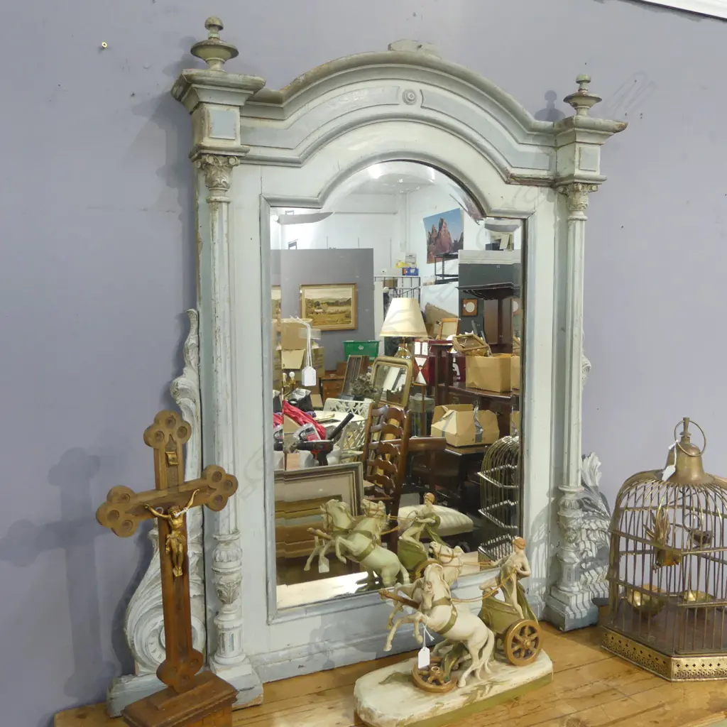 ANTIQUE FRENCH MIRROR, BLUE PAINTED CARVED WOODEN FRAME 1230x1200mm Image 1++